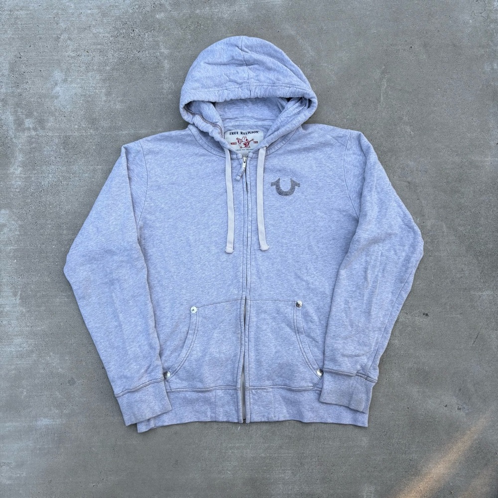 True Religion Gray Zip Up Sweater with Drawstring Hood